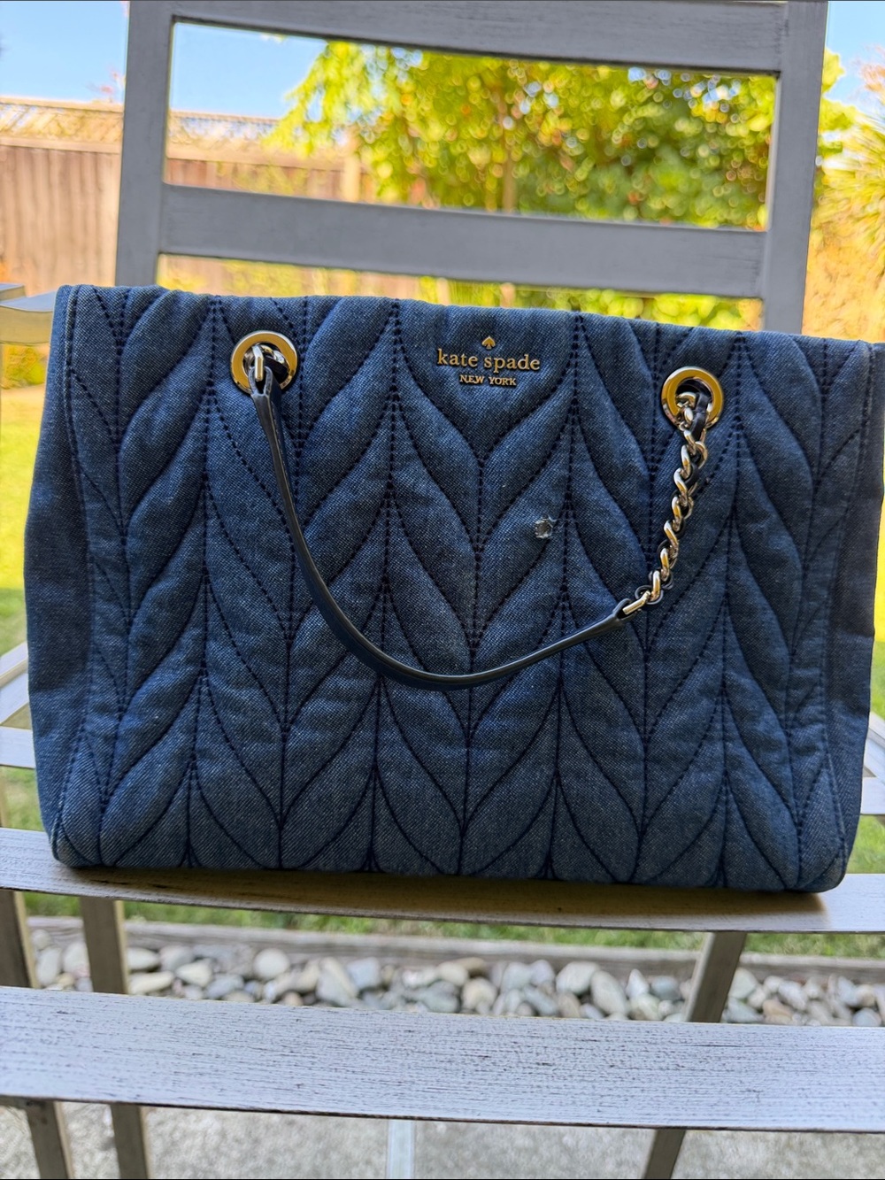 kate spade Quilted Denim Tote in Dark Blue with Gold Hardware